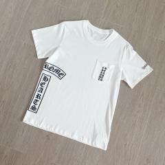 1:1 Top Quality CH White Tee Gothic Vertical Logo Pocket T‑shirt
