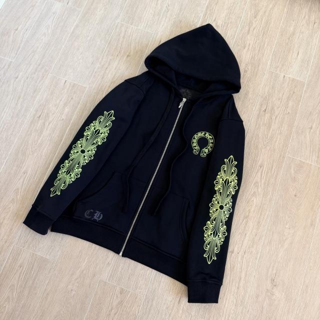 1:1 Top Quality CH Black Zip Hoodie Neon Green Floral Horseshoe Print