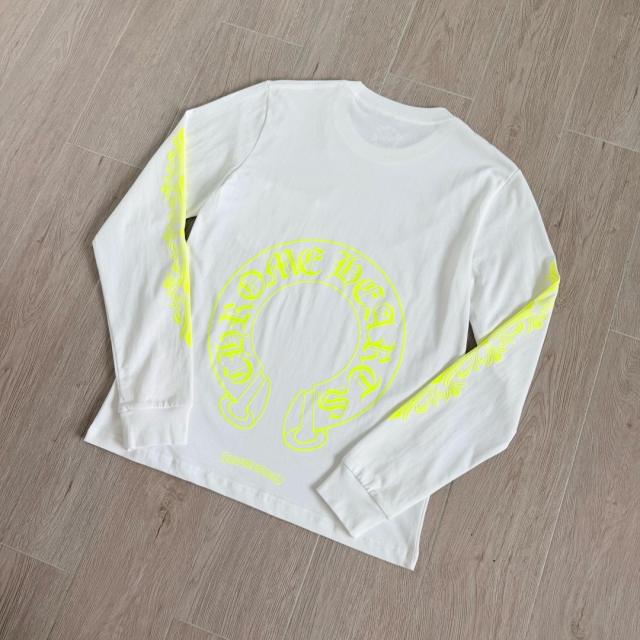 1:1 Quality CH White Long Sleeve Tee Neon Yellow Horseshoe Floral Print