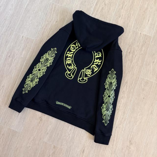 1:1 Top Quality CH Black Zip Hoodie Neon Green Floral Horseshoe Print