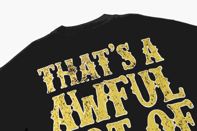 Cough Syrup Vertical Stacked Pharmacy Words Front Large Faded Gold Block Letter Slogan Print Tee 29303867