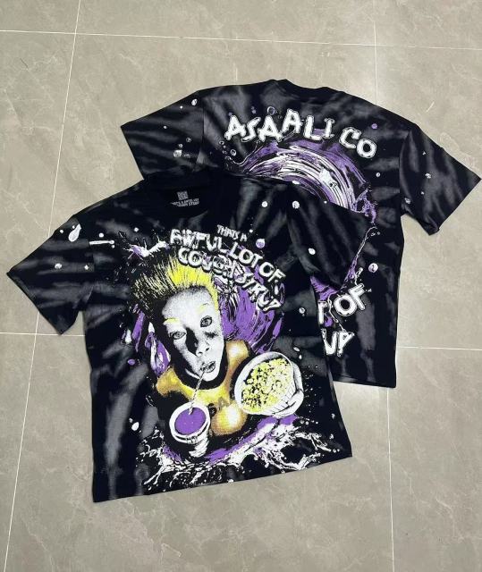 Cough Syrup Trippy Purple Liquid Splash Vortex Graphic Two Sided Print Black Spiral Tie Dye Unisex Tee 29303783