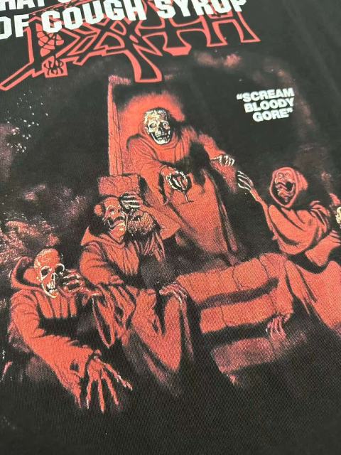 Cough Syrup Red Hue Grim Reaper Group Portrait Gothic Death Letter Front Large Orange Bold Block Slogan Print Tee 29303887
