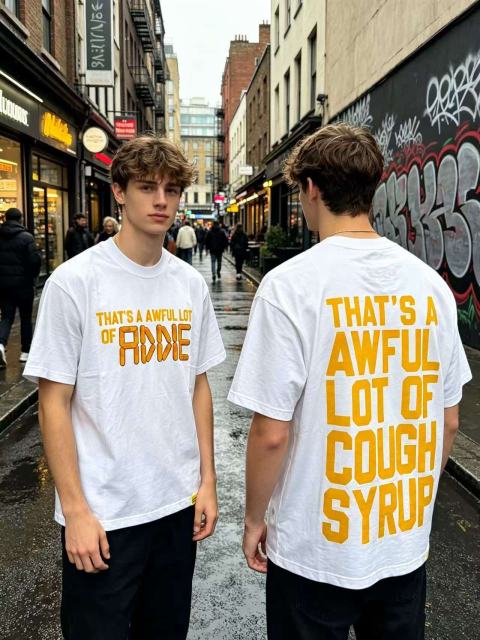 Cough Syrup Capsule Pill Golden Orange Letter Print Tee 2 colors 29359164