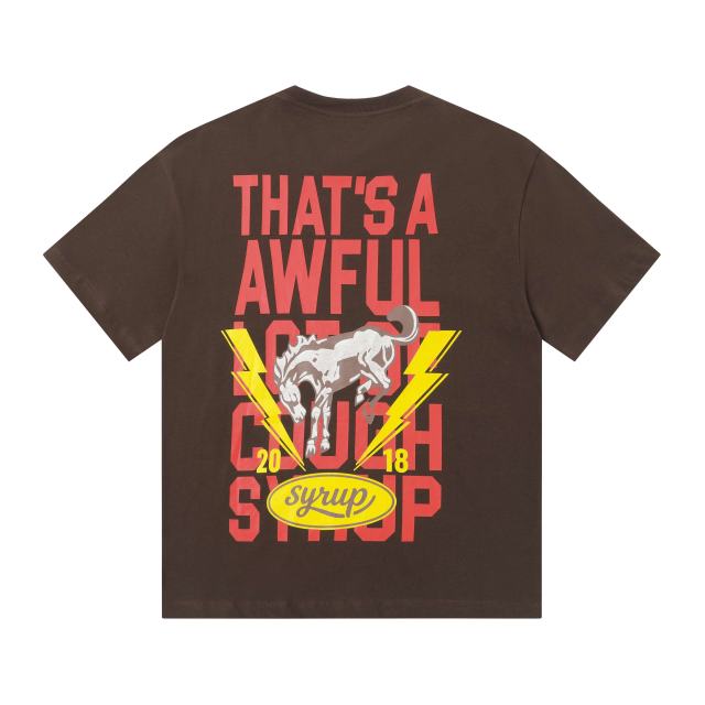 Cough Syrup California Western Horseshoe Brand Text Front Bucking Bronco Lightning Stacked Slogan Printed Tee 29290068