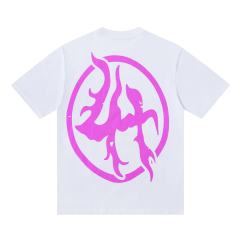 Cough Syrup Screaming Horror Portrait Distressed Bottom Text Front Pink Circular Ring Demon Silhouette Graphic Print Tee 2 colors 29303988