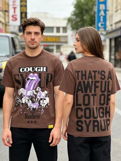 Cough Syrup Running Horses Purple Tongue Split Letter Front Full Stacked Slogan Back Tee 2 colors 29290051