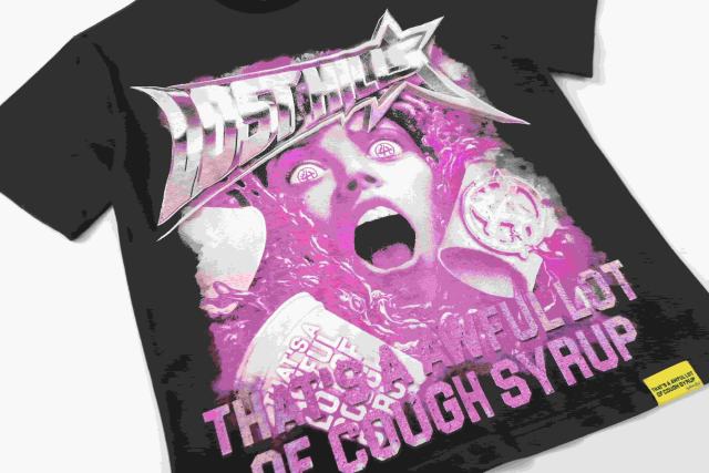 Cough Syrup Screaming Horror Portrait Distressed Bottom Text Front Pink Circular Ring Demon Silhouette Graphic Print Tee 2 colors 29303988