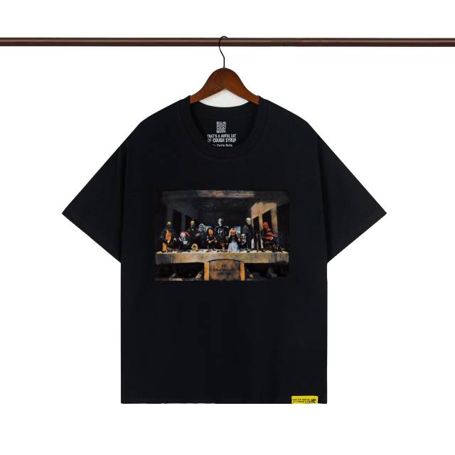 Cough Syrup Pop Hip Hop Streetwear Front Cartoon Characters Last Supper Oil Painting Back Large Bold Yellow Block Letter Print T-Shirt 2 colors 29345276