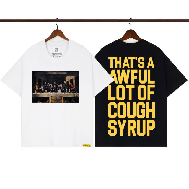 Cough Syrup Pop Hip Hop Streetwear Front Cartoon Characters Last Supper Oil Painting Back Large Bold Yellow Block Letter Print T-Shirt 2 colors 29345276