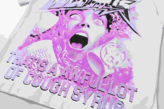 Cough Syrup Screaming Horror Portrait Distressed Bottom Text Front Pink Circular Ring Demon Silhouette Graphic Print Tee 2 colors 29303988