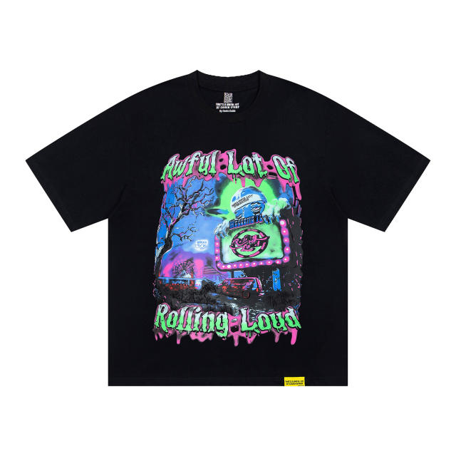 Cough Syrup Y2K Dark Street Front Halloween Carnival Graveyard Monster Sea Lion Drip Font Print Back Contrast Layer Graffiti Oversized T-Shirt 29343932