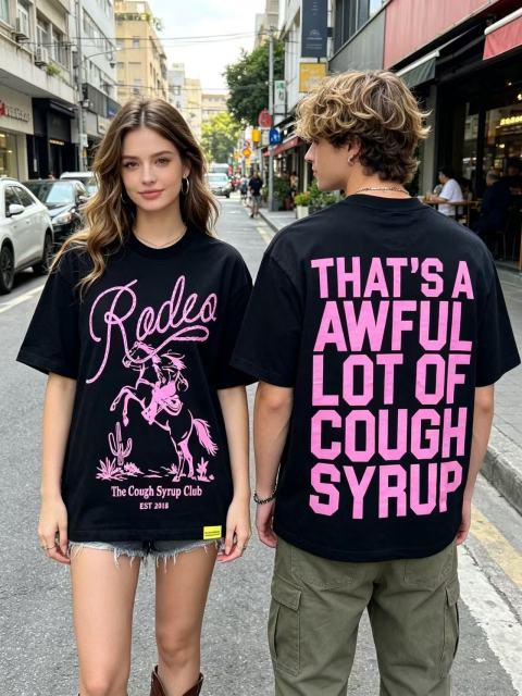 Cough Syrup Pink Line Rodeo Cowboy Cactus Club EST 2018 Front Bold Stacked Letter Tee 29290090