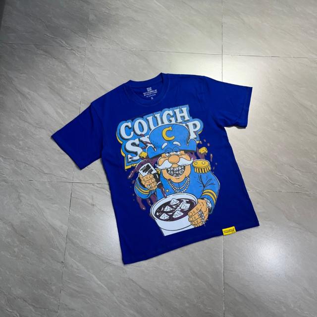 Cough Syrup West Coast Casual Fashion Bright Royal Blue Captain Mascot Pour Syrup Graffiti Bubble Font Print T-Shirt 29344090