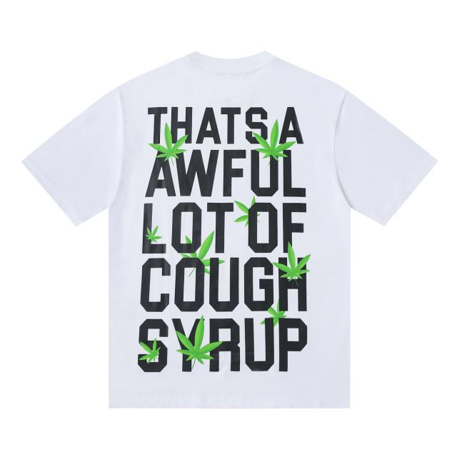 Cough Syrup Minimal Street Green Hemp Leaf Accent Horizontal Slogan Front Large Vertical Bold Segmented Letter Tee 2 colors 29302254