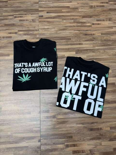 Cough Syrup Scattered Leaf All Over Print Front Small Slogan Back Big Stacked Text Tee 2 colors 29288645