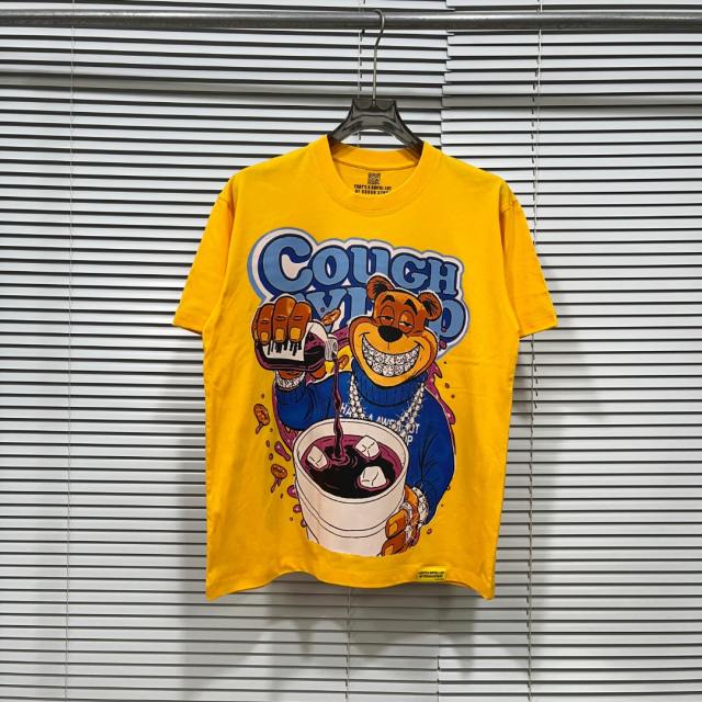 Cough Syrup Y2K Relax Street Bright Yellow Background Cartoon Honey Bear Purple Syrup Dripping Liquid Art Print T-Shirt 29344143