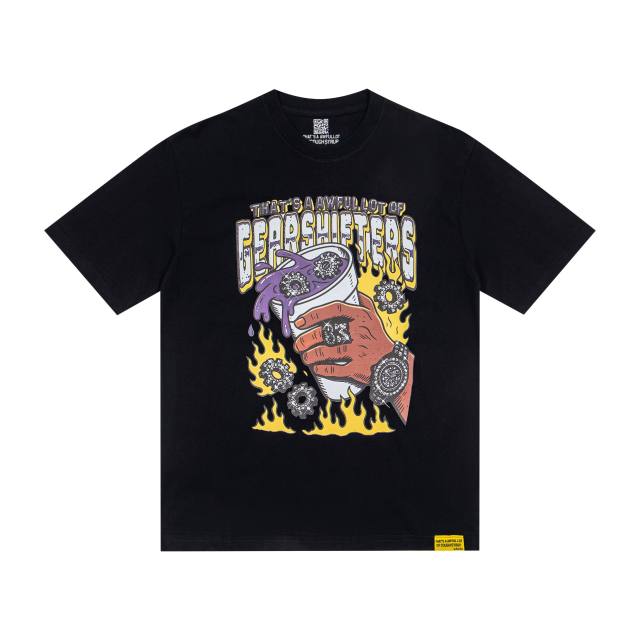 Cough Syrup Grunge Streetwear Mechanic Hand Cup Gear Flame Gothic Letter Print Back Stacked 3D Outline Gearshifters Slogan Graphic Oversized T-Shirt 2 colors 29343893