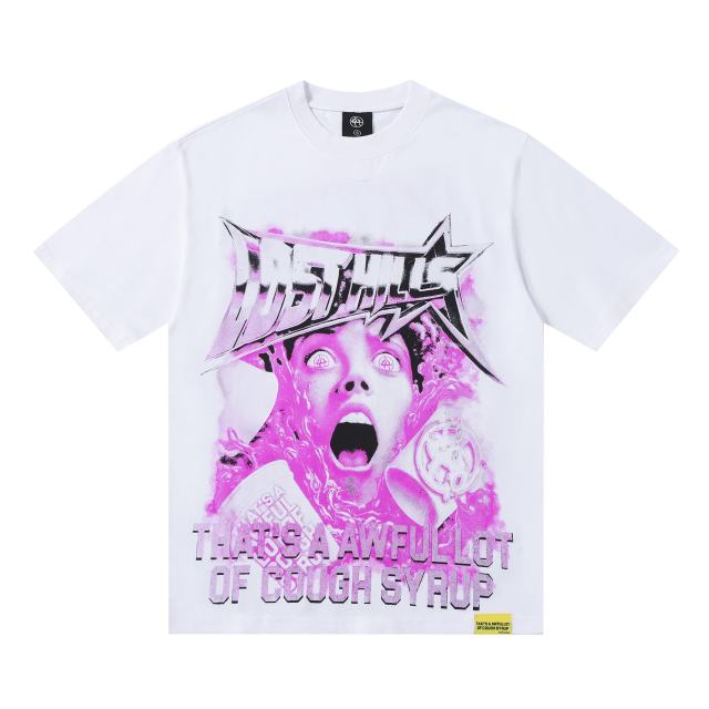 Cough Syrup Screaming Horror Portrait Distressed Bottom Text Front Pink Circular Ring Demon Silhouette Graphic Print Tee 2 colors 29303988