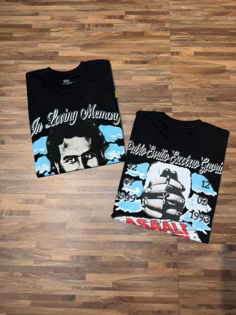 Cough Syrup Asaali In Loving Memory Letter Pablo Escobar Face Print Birth Death Year Gun Handcuff Oversized Tee 29288692