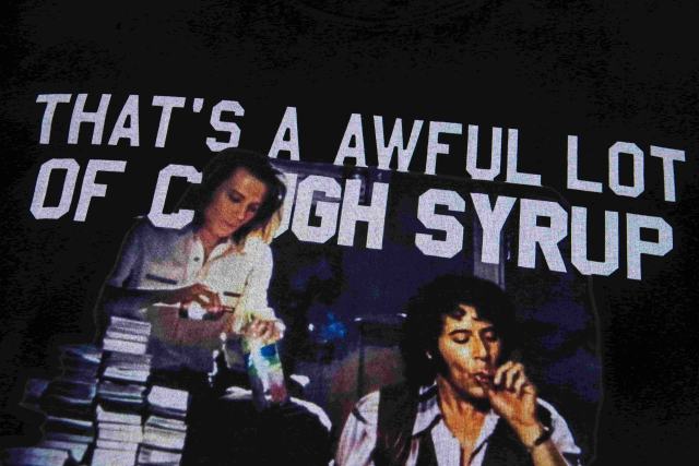 Cough Syrup Movie Scene Two Characters Stacked Cash Portrait Photo Asaali Cursive Signature Contrast Double Slogan Tee 29303852