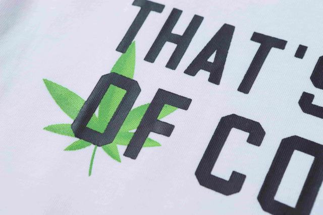 Cough Syrup Minimal Street Green Hemp Leaf Accent Horizontal Slogan Front Large Vertical Bold Segmented Letter Tee 2 colors 29302254