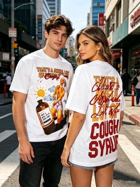 Cough Syrup Pin-Up Lady Syrup Bottle Front Red Graffiti Overlay Stacked Letter Back Print Tee 29290078