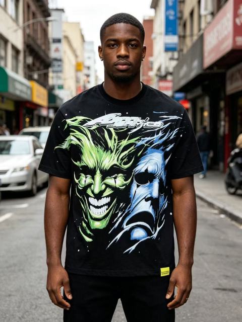 Cough Syrup Green And Blue Contrast Split Demon Face Front Large Stacked Text Slogan Back Oversized Tee 29288677