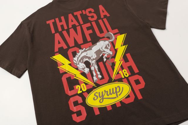 Cough Syrup California Western Horseshoe Brand Text Front Bucking Bronco Lightning Stacked Slogan Printed Tee 29290068