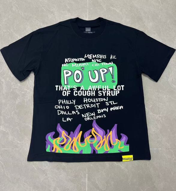 Cough Syrup PO' UP US City Name List Green Box Text Gradient Flame Front Purple Syrup Dripping Disposable Cup Print Tee 2 colors 29303911