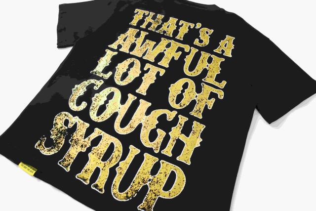 Cough Syrup Vertical Stacked Pharmacy Words Front Large Faded Gold Block Letter Slogan Print Tee 29303867