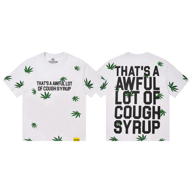 Cough Syrup Scattered Leaf All Over Print Front Small Slogan Back Big Stacked Text Tee 2 colors 29288645