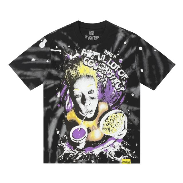 Cough Syrup Trippy Purple Liquid Splash Vortex Graphic Two Sided Print Black Spiral Tie Dye Unisex Tee 29303783