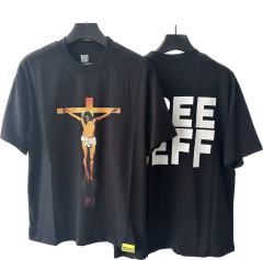 Cough Syrup Jesus Crucifix Portrait Front Large Bold Block Letter FREE JEFF Back Double Sided Print Tee 29303891