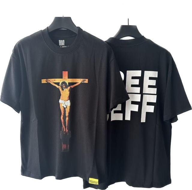 Cough Syrup Jesus Crucifix Portrait Front Large Bold Block Letter FREE JEFF Back Double Sided Print Tee 29303891