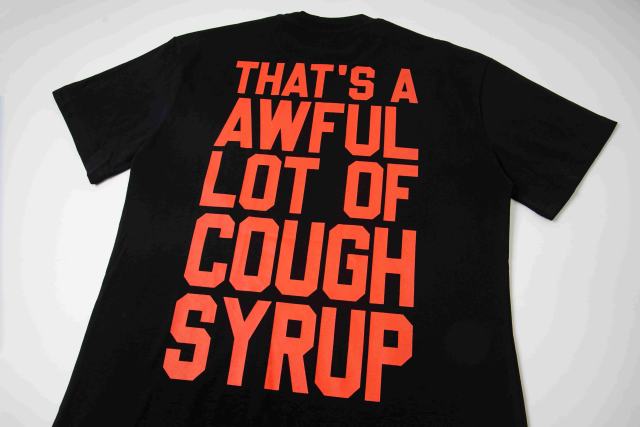 Cough Syrup Red Hue Grim Reaper Group Portrait Gothic Death Letter Front Large Orange Bold Block Slogan Print Tee 29303887