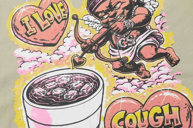 Cough Syrup Comic Cupid Heart Element Front Back Drip Text Slogan Printed Tee 29290026