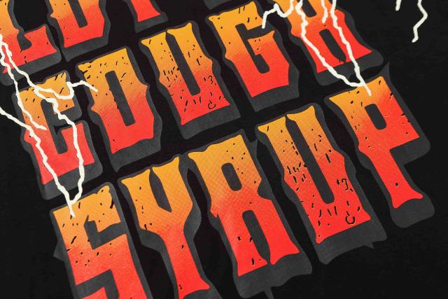 Cough Syrup Bear Holding Syrup Cup Flame Outline Arch Letter Front Orange Red Gradient 3D Block Letter Slogan Print Tee 29303918