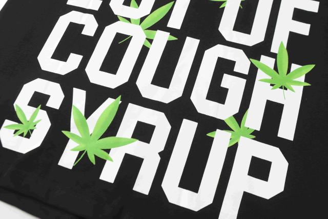 Cough Syrup Minimal Street Green Hemp Leaf Accent Horizontal Slogan Front Large Vertical Bold Segmented Letter Tee 2 colors 29302254