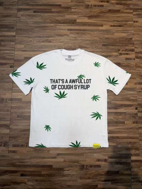 Cough Syrup Scattered Leaf All Over Print Front Small Slogan Back Big Stacked Text Tee 2 colors 29288645