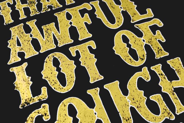 Cough Syrup Vertical Stacked Pharmacy Words Front Large Faded Gold Block Letter Slogan Print Tee 29303867