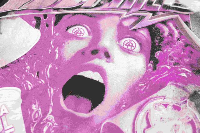 Cough Syrup Screaming Horror Portrait Distressed Bottom Text Front Pink Circular Ring Demon Silhouette Graphic Print Tee 2 colors 29303988