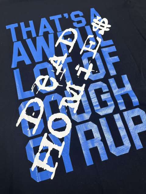 Cough Syrup Tribute Memorial Cursive Script Angel Wing Bottle Graphic Back Blue Block Letter Overlay Graffiti Tee 29303858