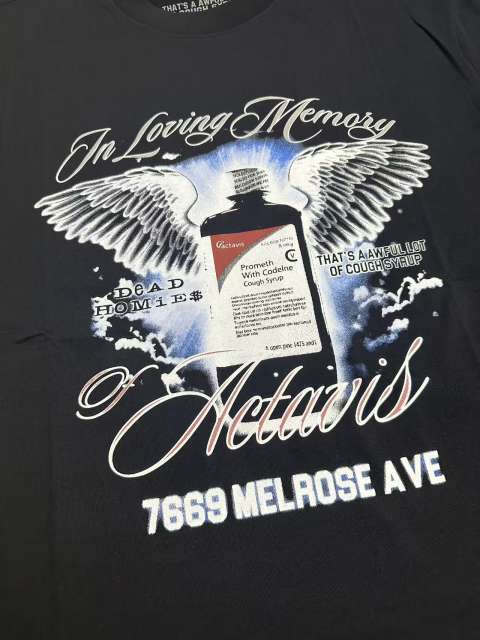 Cough Syrup Tribute Memorial Cursive Script Angel Wing Bottle Graphic Back Blue Block Letter Overlay Graffiti Tee 29303858