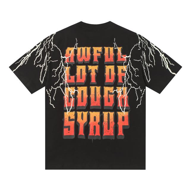 Cough Syrup Bear Holding Syrup Cup Flame Outline Arch Letter Front Orange Red Gradient 3D Block Letter Slogan Print Tee 29303918