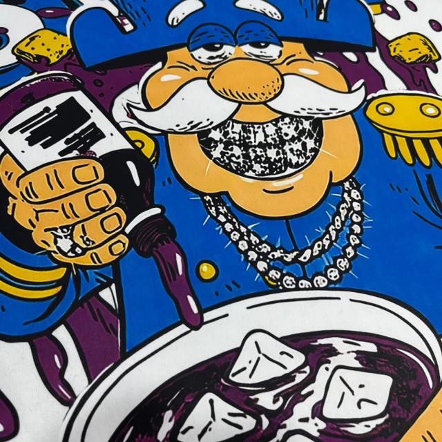 Cough Syrup Cartoon Hip Hop Streetwear Front Captain Character Pouring Purple Syrup Bowl Bottle Chain 3D Outline Letter Graphic Oversized T-Shirt 2 colors 29344019