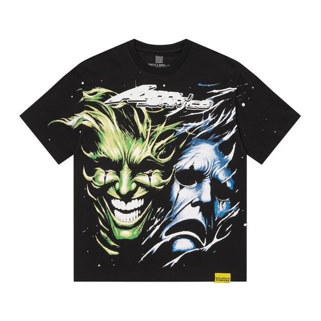 Cough Syrup Green And Blue Contrast Split Demon Face Front Large Stacked Text Slogan Back Oversized Tee 29288677