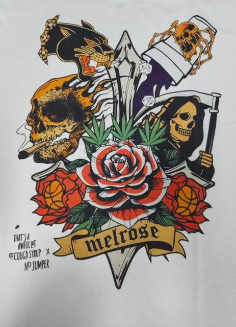 Cough Syrup Old School Tattoo Front Multi Skull Rose Basketball Graphic Back Cross Ribbon Letter Oversized T-Shirt 29357798