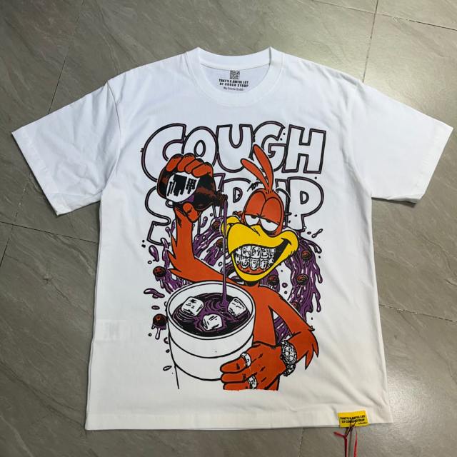 Cough Syrup Retro Cartoon Streetwear Bright White Tone Hip Hop Rooster Character Syrup Bottle Splashing Liquid Vintage Graffiti Art Print T-Shirt 29344157