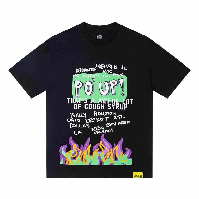 Cough Syrup PO' UP US City Name List Green Box Text Gradient Flame Front Purple Syrup Dripping Disposable Cup Print Tee 2 colors 29303911